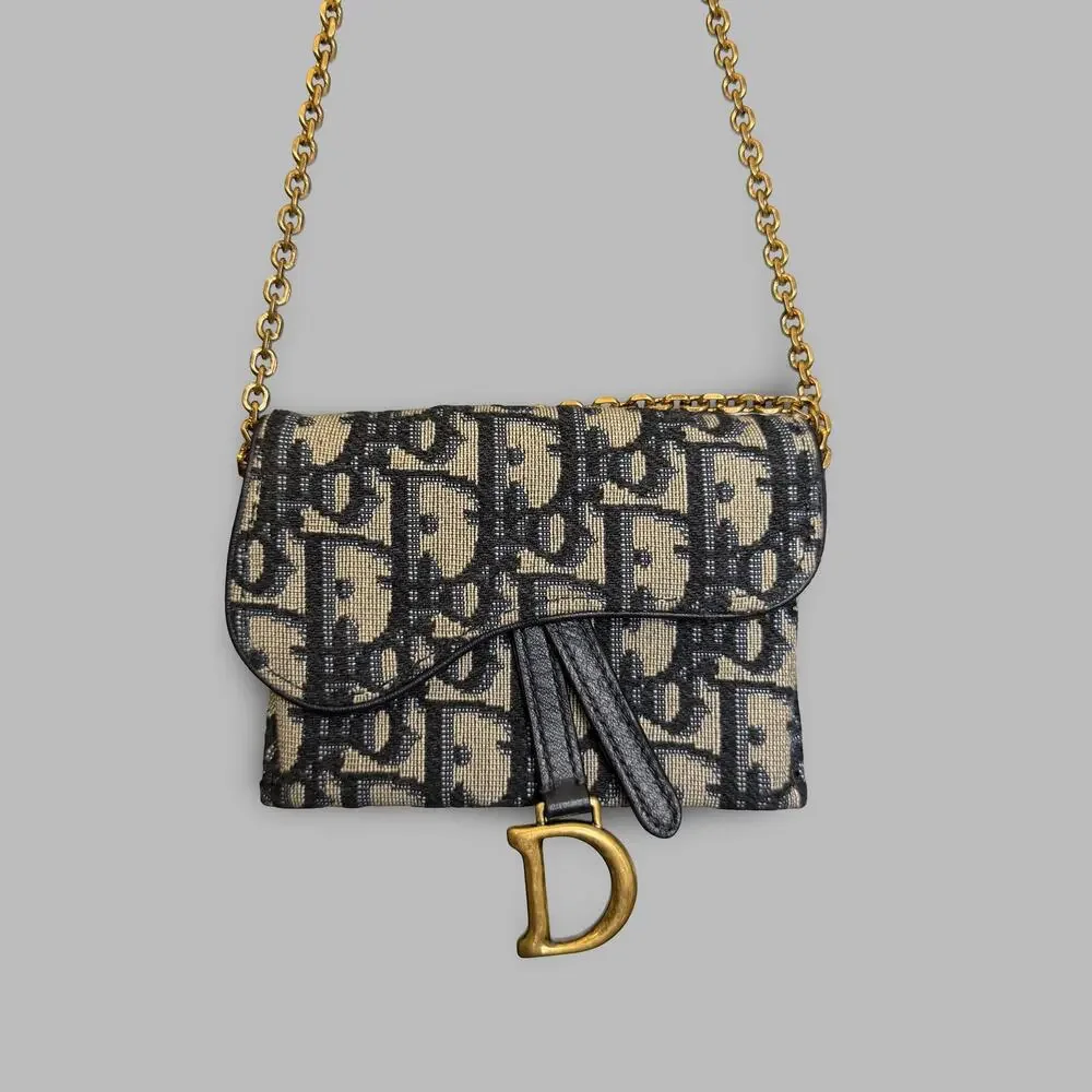 Dior Blue Dior Oblique Jacquard Saddle Nano Pouch With Chain
